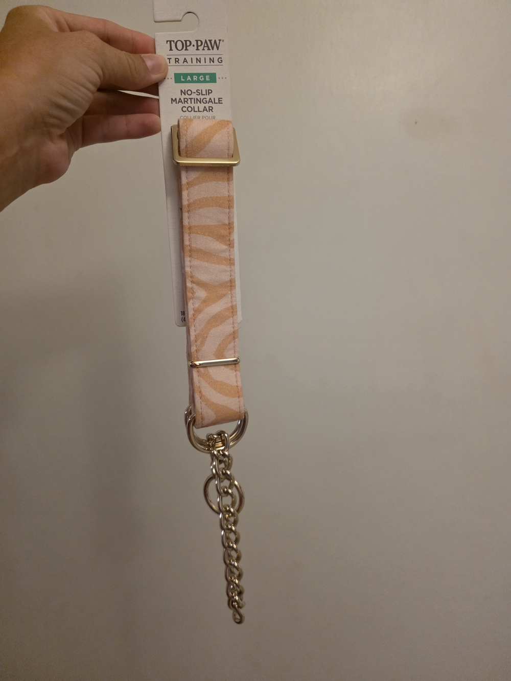 Top Paw Large No-Slip Martingale Collar in Peach Zebra Print with Gold Chain